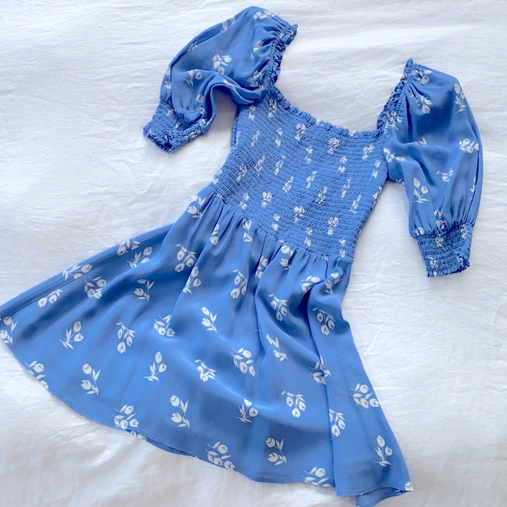 Reformation Shirred Baby Blue Mini Dress